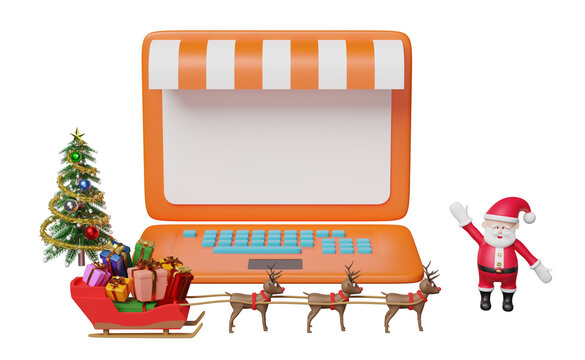 reindeer sleigh with santa claus, computer laptop, store front, gift box, christmas tree isolated. online shopping, website, banner, festive new year, 3d illustration or 3d render