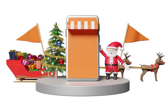 mobile phone, smartphone, podium with store front, santa claus, christmas tree, reindeer, sleigh, flag isolated. online shopping, website, banner, festive new year, 3d illustration, 3d render