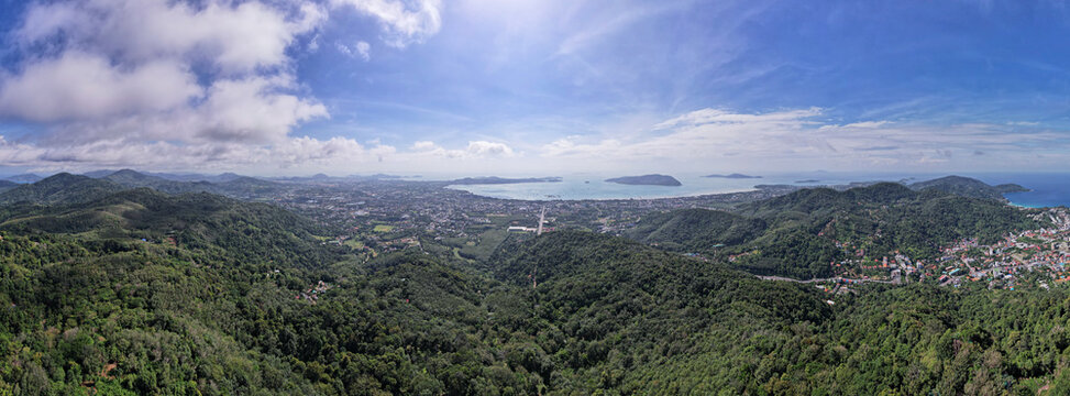 Aerial view Panorama mountains range in phuket Thailand, Aerial view Drone photography nature landscape nature view in Phuket island Thailand,Amazing view travel background