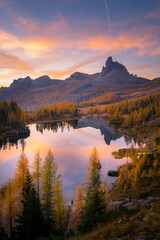 Federa lake during sunrise, with autumnal colors. Federa Lake, Cortina d'Ampezzo, Belluno province, Veneto, Italy - 551779248