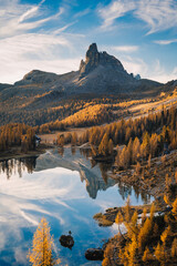Federa lake during sunrise, with autumnal colors. Federa Lake, Cortina d'Ampezzo, Belluno province, Veneto, Italy - 551779400