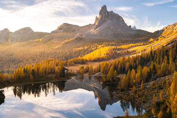 Federa lake during sunrise, with autumnal colors. Federa Lake, Cortina d'Ampezzo, Belluno province, Veneto, Italy - 551779481