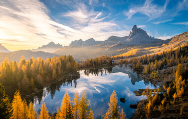 Federa lake during sunrise, with autumnal colors. Federa Lake, Cortina d'Ampezzo, Belluno province, Veneto, Italy - 551779493