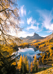 Federa lake during sunrise, with autumnal colors. Federa Lake, Cortina d'Ampezzo, Belluno province, Veneto, Italy - 551779642