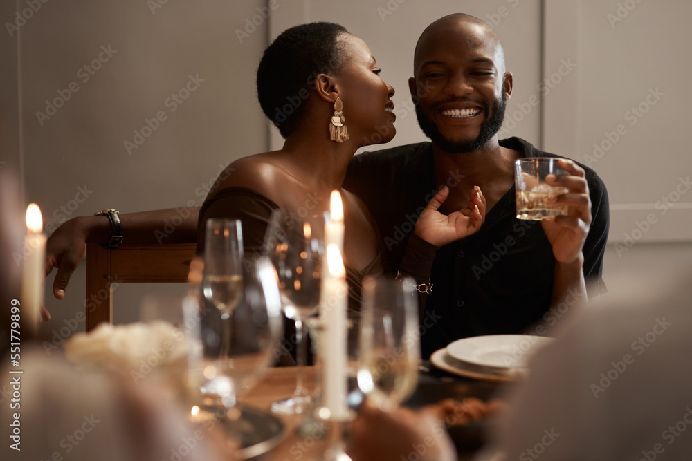 Wall mural Love, happy or black couple in restaurant, party or dinner celebration bonding for New years, birthday or anniversary date. Drink, smile or black woman and man for success, toast or alcohol at night