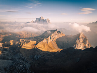 Aerial view of Pelmo  mountain from Giau pass, Cortina d'Ampezzo, Belluno province, Veneto, Italy. - 551780044