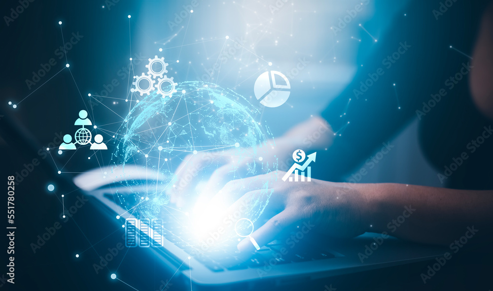 Poster concept technology with laptop. hand using laptop with forex graph hologram, concept technical analy