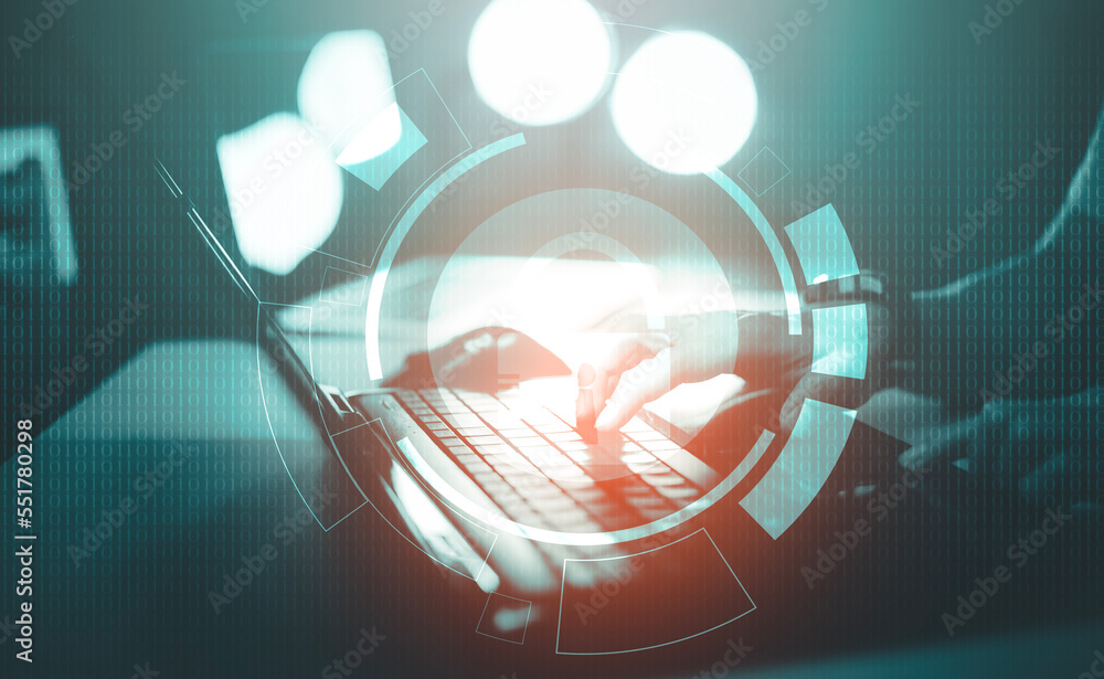 Poster businessman hacker hold smart phone and touching in graph screen code of a media screen on the white