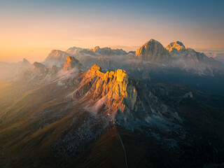 Aerial view of Ra Gusela mountain from Giau pass, Cortina d'Ampezzo, Belluno province, Veneto,...