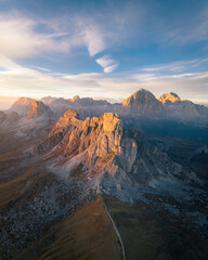 Aerial view of Ra Gusela mountain from Giau pass, Cortina d'Ampezzo, Belluno province, Veneto, Italy. - 551780235