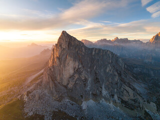 Aerial view of Ra Gusela mountain from Giau pass, Cortina d'Ampezzo, Belluno province, Veneto, Italy. - 551780246