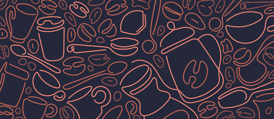 Coffee line background. Abstract graphic cup, bean - obrazy, fototapety, plakaty