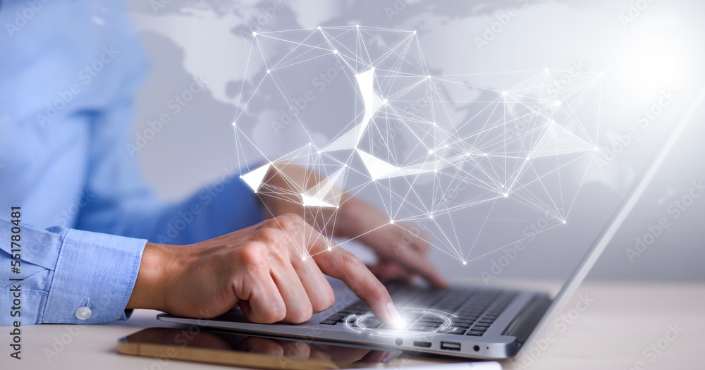 Poster businessman touching tablet and laptop with global network connection, social network connection wit