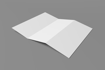 3D realistically rendered tri-fold brochure mockup drawing. Brochure mockup standing on isolated gray background.