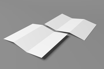 3D realistically rendered tri-fold brochure mockup drawing. Two brochure mockups standing on isolated gray background.