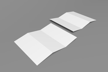 3D realistically rendered tri-fold brochure mockup drawing. Two brochure mockups standing on isolated gray background.