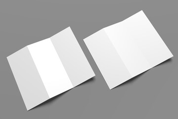 3D realistically rendered tri-fold brochure mockup drawing. Two brochure mockups standing on isolated gray background.