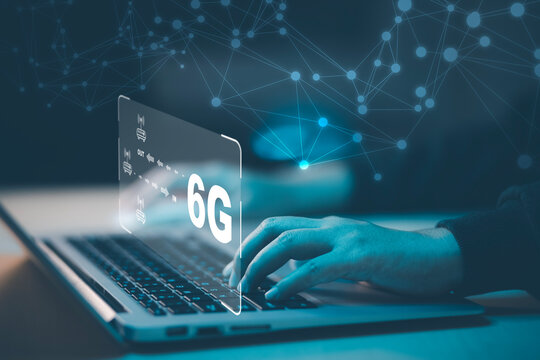 Global Network Connection 6G On Hand Business Man.Global Network Connection 6G With Icon Concept, Technology Network Wireless Systems And Internet Of Things, New Technologies Coming Up In The Future.