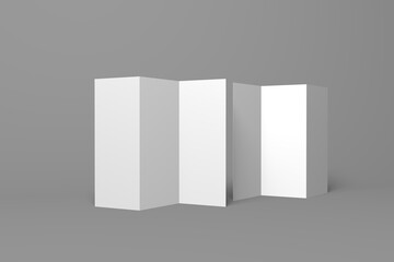 3d realistically rendered tri-fold brochure mockup illustration. Two brochure mockup standing upright on isolated gray background.
