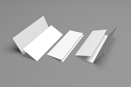 3D Realistically Rendered Tri-fold Brochure Mockup Drawing. Three Brochure Mockups Standing On Isolated Gray Background.