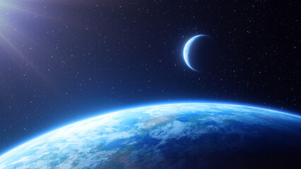 Obraz na płótnie Canvas View of the surface of a blue Earth-like terrestrial globe with the moon orbiting above the horizon line in space. Fantasy and science fiction atmosphere. 3D Rendering