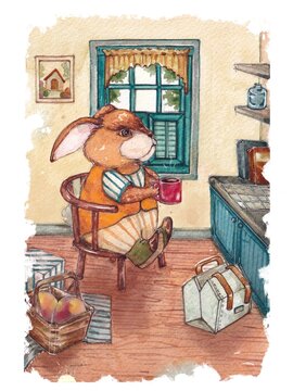 Watercolor painting rabbit sitting on chair holding mug of hot coffee in easter house for greeting cards, invitations, decorations, wall decorations, congratulations.