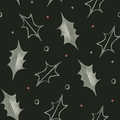 Watercolor pattern with Christmas leaves and berries on a dark background. Christmas pattern, festive seamless pattern, for printing on a postcard, on wrapping paper, fabric