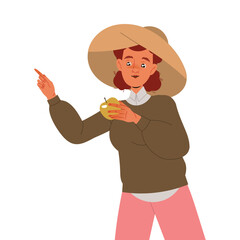 Happy Woman in Hat Holding Apple Engaged in Harvesting Season Vector Illustration