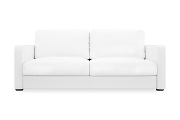 Modern white fabric two-seat sofa. Textile upholstery sofa on white background. Scandinavian interior. 3d rendering.