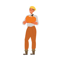 Happy Man in Rubber Boots Holding Ripe Pumpkin Engaged in Harvesting Season Vector Illustration