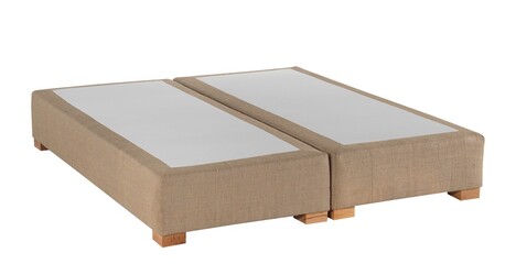 wooden box isolated on white , boxspring natural fabric , with wood legs.