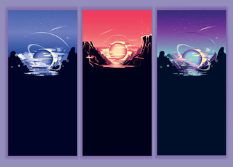 Futuristic space landscape with planet, mountains, saturn and clouds. Set of vertical vector illustrations of a fantastic landscape at night. © Mykhailo
