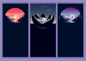 Futuristic space landscape with planet, mountains, saturn and clouds. Set of vertical vector illustrations of a fantastic landscape at night. © Mykhailo