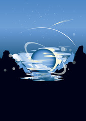 Futuristic space night landscape in blue colors with the planet in the clouds reflected in the water against the background of mountains. Vertical poster vector illustration.