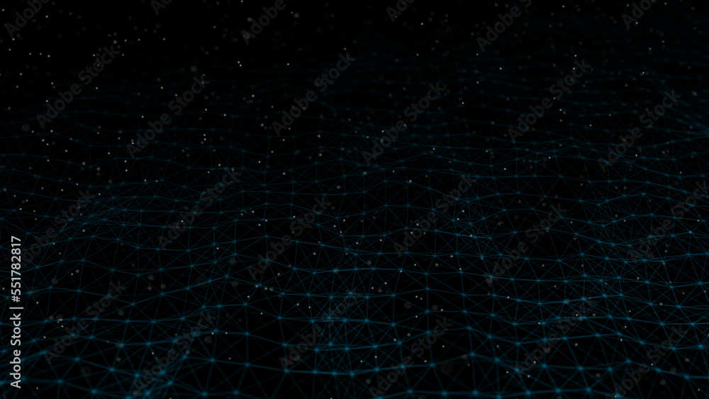 Poster Wave of digital particles on a black background. Abstract interlacing lines and points. Digital connection of elements. Simulation of the movement of small particles. 3D rendering.