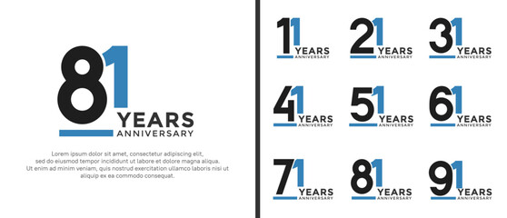 set of anniversary logo style flat black and blue color for celebration