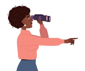 Fototapeta na wymiar Woman Leader Office Employee Looking in Binoculars Showing Way Forward Vector Illustration