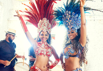 Carnival, dance celebration and women at a festival to party, salsa performance and culture event...