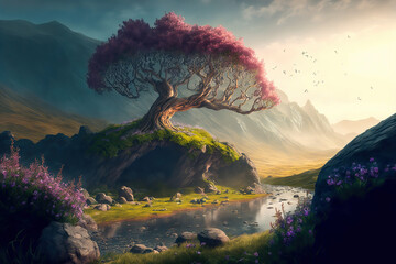 Fototapeta premium Generative AI : A flowering tree growing on a large rock in a forest 