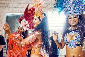 Women, dancing and carnival fashion in Brazilian party event, festive celebration or New Year salsa...