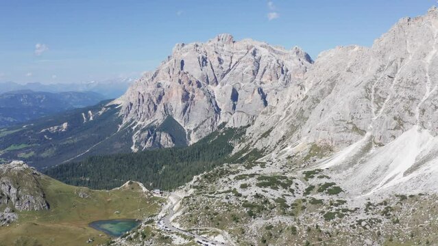 Mountain pass and lake in Italian Dolomites, Valparola pass in Alta Badia