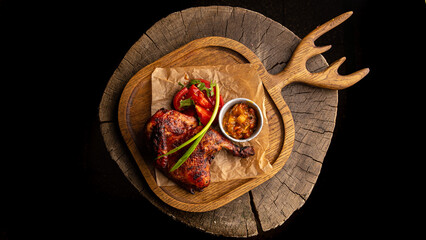 Baked chicken drumstick with vegetable salad and sauce