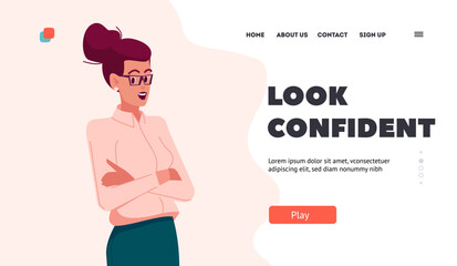 Look Confident Landing Page Template. Businesswoman Stand with Crossed Arms. Successful Happy Female Character