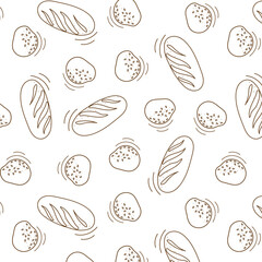 doodle pattern, background with buns, bun, loaves for a coffee shop, bakery, pastry shop on white with brown lines