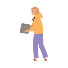 Man Character Carrying Heavy Stone Block for Building Bridge Having Connection with Somebody Engaged in Social Interaction Vector Illustration