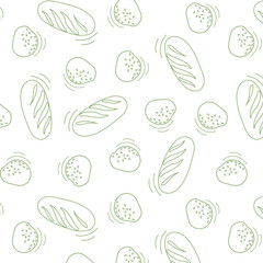 doodle pattern, background with buns, buns, loaves for a coffee shop, bakery, confectionery on white with green lines