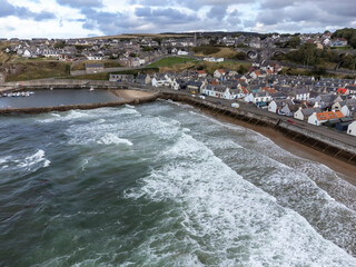 Drone image over the harbor of Buckie, a town in the Moray Council Area of Scotland