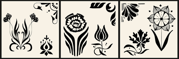 A set of three backgrounds for typography, decor, covers. Vintage stylish symmetrical illustration with flowers, patterns, lines. Black geometric shapes on beige.