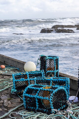 Lobster pots in Rosehearty harbor on the north coast of Scotland