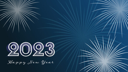 Happy New Year 2023. Holiday background with festive fireworks at midnight.